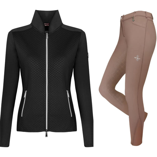 Sale Fair Play set Janessa zwart dames vest en Fair Play rijbroek melrose taupe maat 42